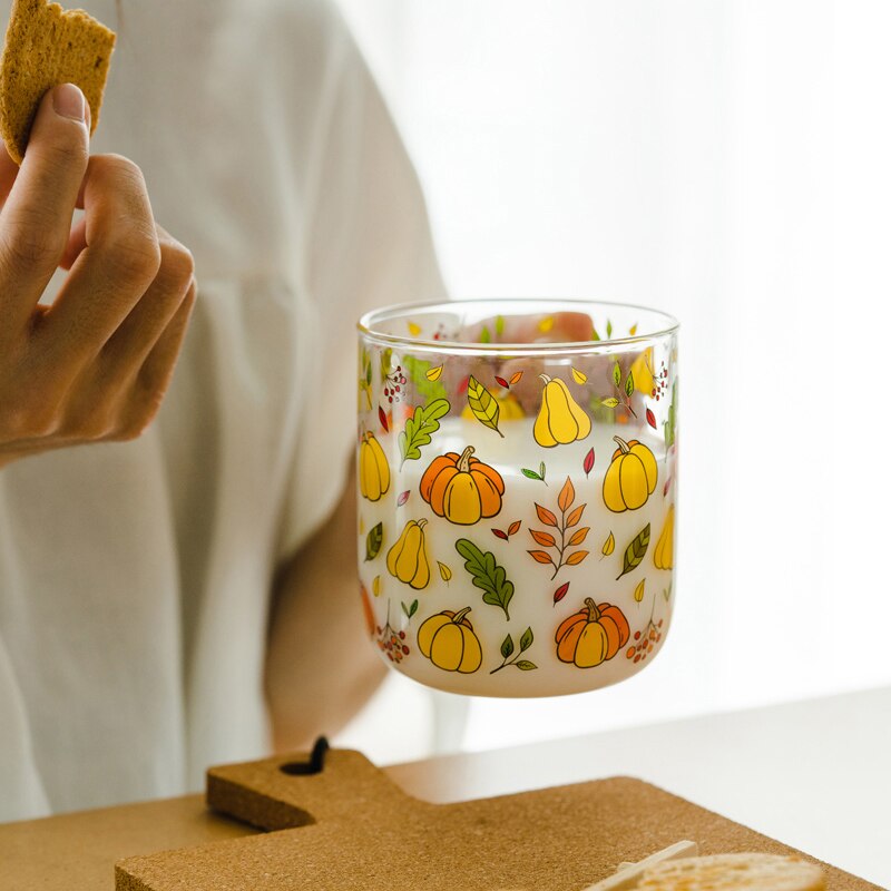 Jinyoujia värmebeständig med handtag glasmugg frukost mjölkkopp söt kontor hem kaffemuggar citron svamp pumpa mönster