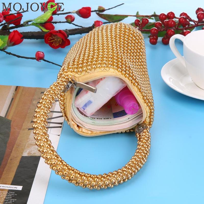 Golden Metal Clutch Bags for Women Ladies Small Day Clutches Pearl Beaded Purse for Dinner Party Metallic Handbags