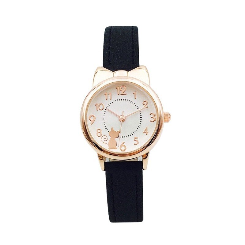 Leuke Casual Meisje Horloge Kids Leuke Lederen Band Cat Horloges Waterdicht Mooie Kid Kinderen Quartz Student Polshorloge: black rose gold
