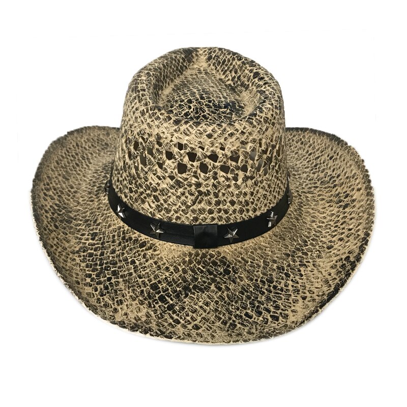 YY-sombreros de paja de estilo vaquero para hombre, gorros de paja con remaches anchos de estrella de cinco puntas, gorra de Jazz, sombrero de playa de vaquera hueco CM19013