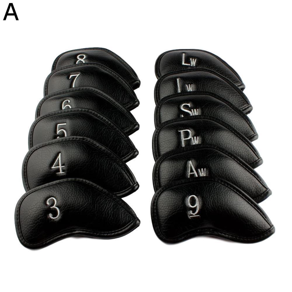 12PCS/Set Golf Club Protective Cover Golf Iron Cover PU Cap Cover Cue Protection Sleeve: Black