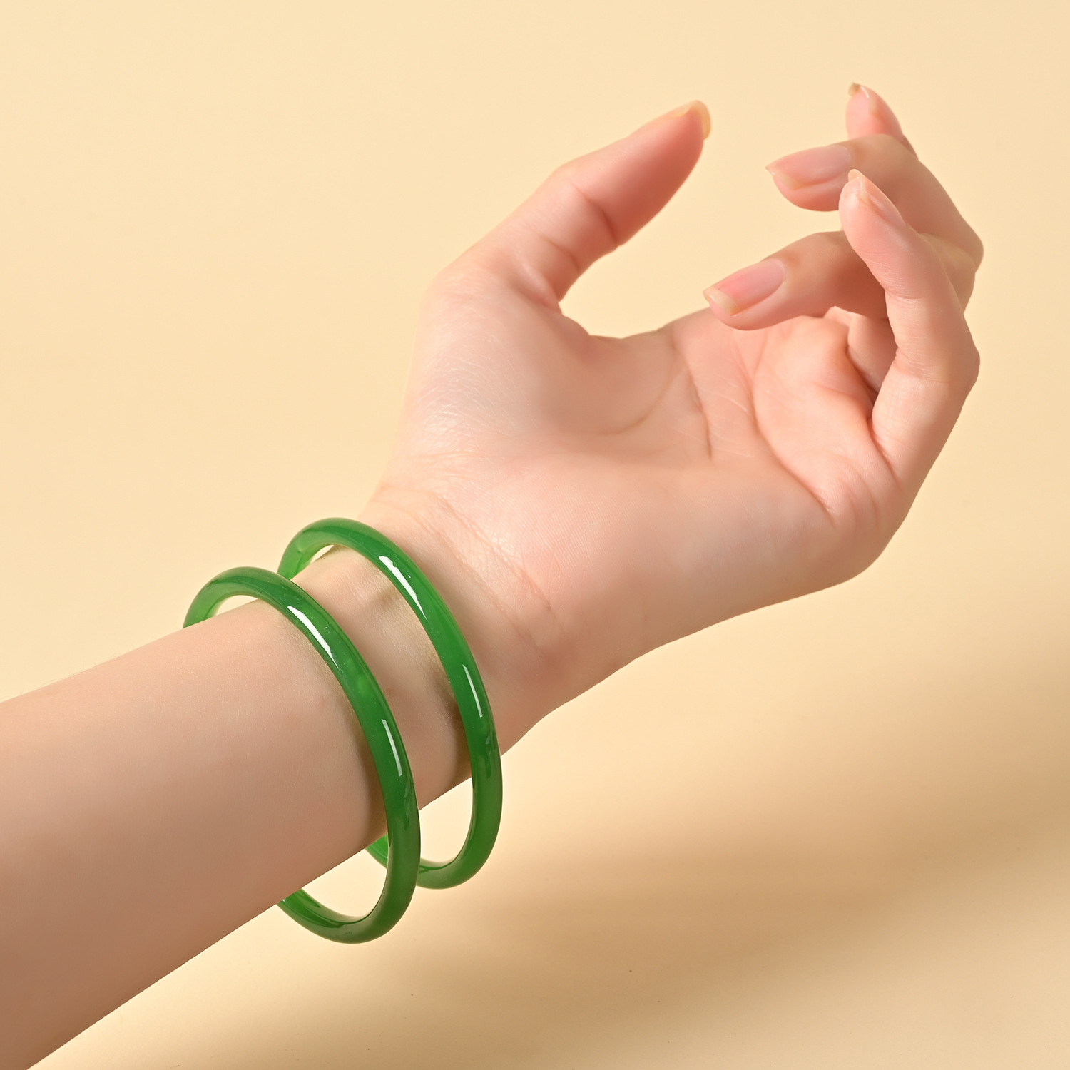 2Pcs/Set Glass Natural Jade Solid Color Jingle Bangles Retro Simple Bracelet Femme Women's Casual China Jewelry