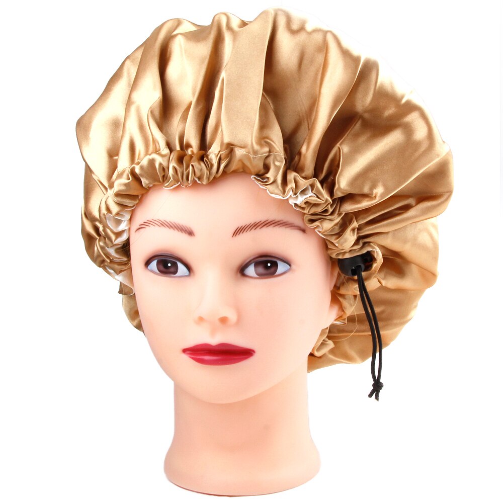Gorro de satén Reversible para dormir, gorro de seda para mujer, gorro para el pelo de noche, cubierta para la cabeza, sombrero de doble capa ajustable, accesorios para peinados rizados: Khaki