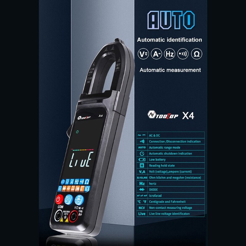 Smart Clamp Meter Digital Multimeter Auto-Ranging 6000 Counts TRMS Color LCD Screen Portable Voltmeter Frequency Counter