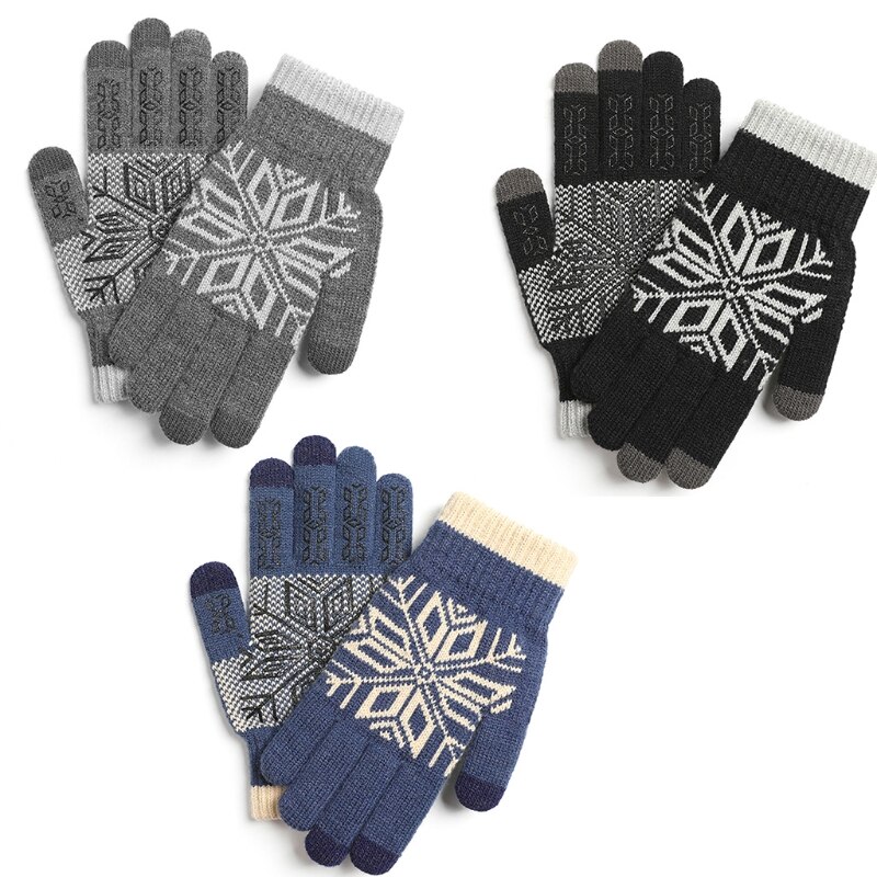Homem inverno tela de toque floco de neve malha luvas quentes forro de pelúcia macio elástico manguito anti-deslizamento silicone ciclismo luvas