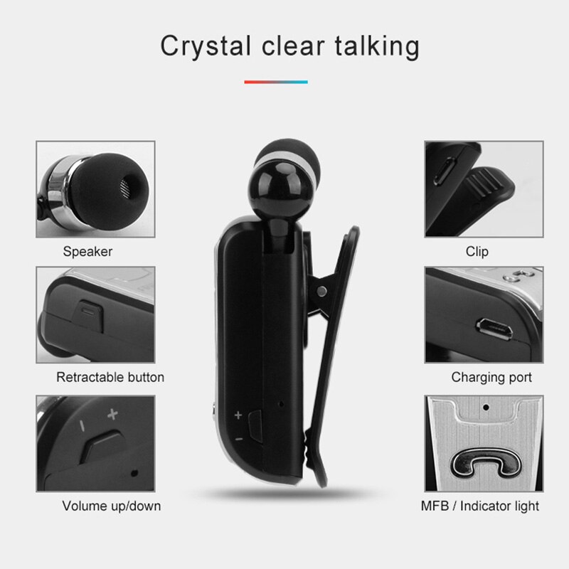 Mini Oreillette Bluetooth Rétractable Auleset F910 - Bluetooth 4.0 - Autonomie 5h - Noir - Avec Embouts Silicone