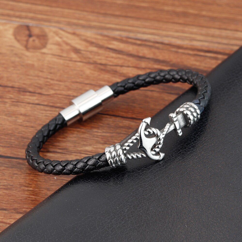 hommes bijoux Bracelet en cuir noir en acier inoxydable magnétique Simple boucle tissage modèle bracelets