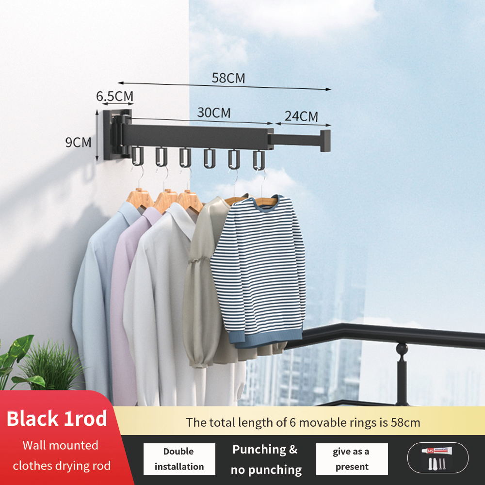Cintre pliant rétractable pour le séchage des vêtements, espace intérieur et extérieur, en aluminium, pour l&#39;organisation des vêtements ménagers, WB3027: Black 1 Rod