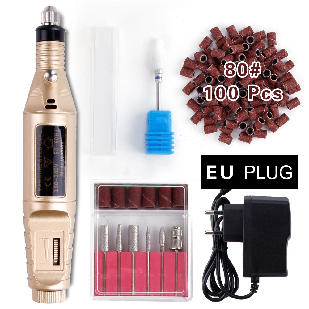 1 sæt power elektrisk manicure maskine keramisk skærer neglebor sæt fræsere pedicure apparat fil: Guld sæt 80