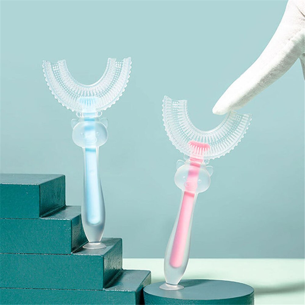 Crianças escova de dentes de silicone escova de limpeza de cuidados orais para crianças idades 2-12 u-forma infantil escova de dentes com alça
