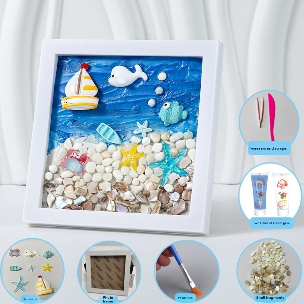 Multicolor DIY Photo Frame Wood Material 3D 3D Ocean Scenery Painting Cartoon Handmade Photo Wood Frame Scrapbooking: Blue