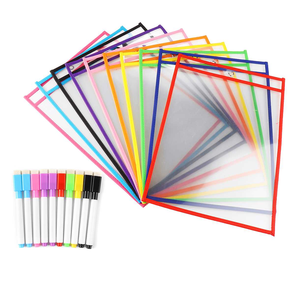 Reusable Dry Pockets Transparent Write And Wipe Drawing Board Classroom Teaching Erasable Pockets with Pens Question Sheet: 20Pcs
