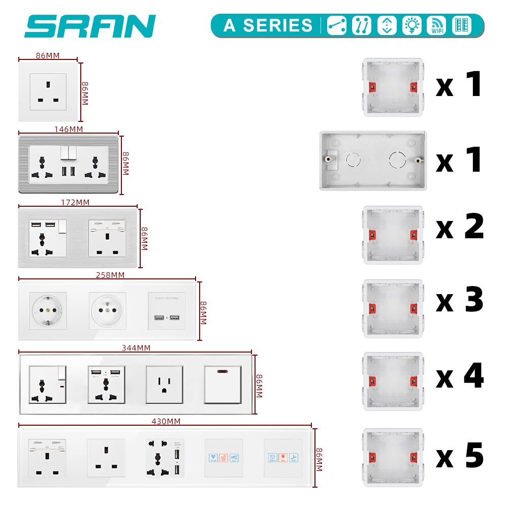 SRAN EU Wall Internet TV socket CAT5 RJ45 Retardant crystal acrylic panel 86*86mm Electricity outlet