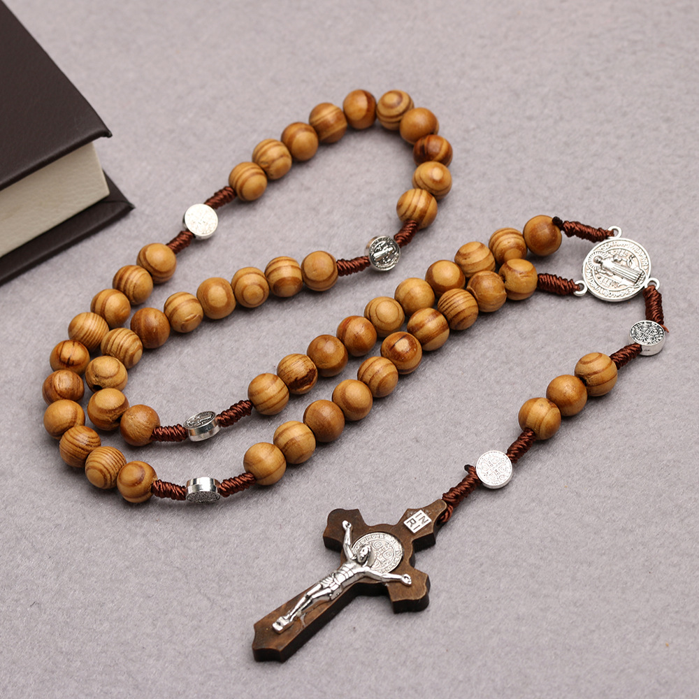 10MM Holz Perlen Rosenkranz Kreuz Halskette Für Frauen Männer Christian Jungfrau Maria INRI Anhänger Kette Religion Schmuck