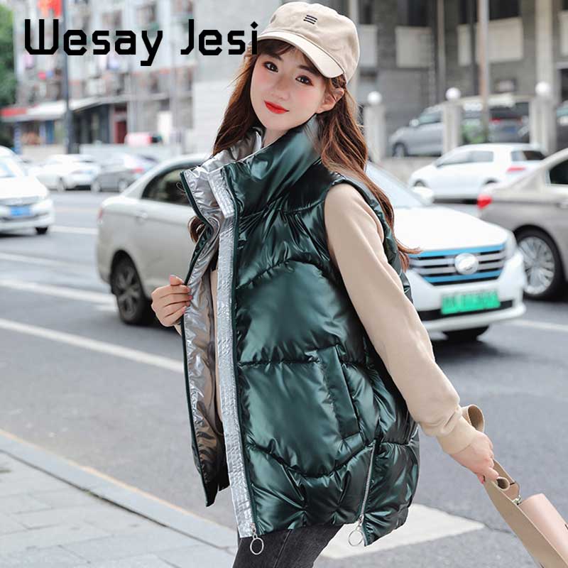 Brillant automne hiver femme gilet manteau décontracté brillant tissu gilet femmes épais imperméable sans manches dame veste grande taille