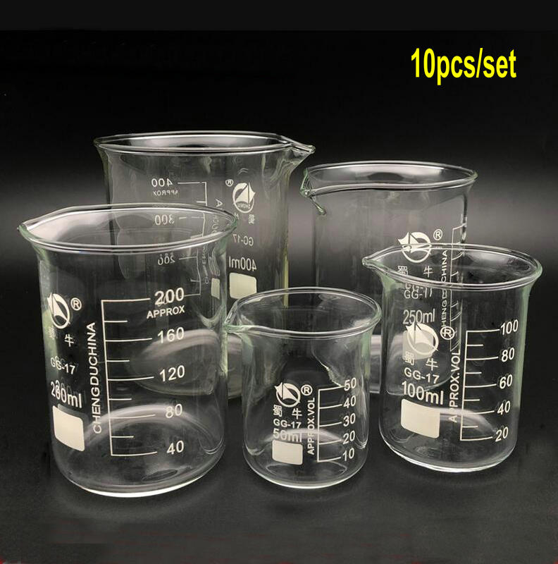 10pcs/set 5ml 10ml 25ml 50ml 100ml 150ml 200ml 250ml 300ml 500ml Glass Beaker Graduated Transparent Borosilicate Glass Beaker