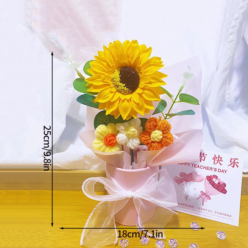Flores de crochê abraçando balde buquê de flores artificiais mão tecido puff flores professores presentes de casamento dos namorados decoração de casa: Bege