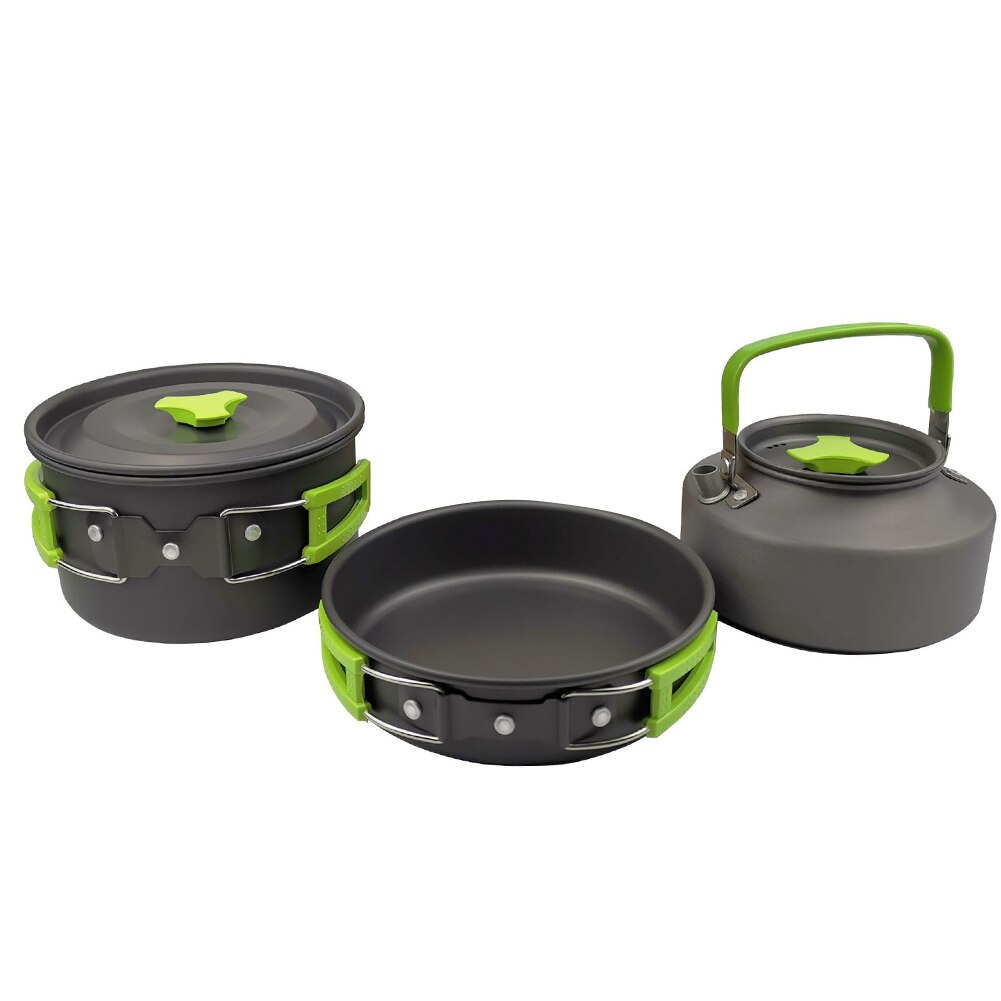 3 Stks/set Outdoor Camping Wandelen Cookware Gebruiksvoorwerpen 2-3 Mensen Draagbare Reizen Picknick Theepot Pot Koekenpan Koken Servies: green