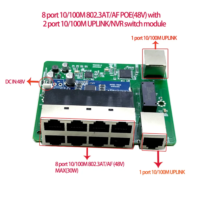Standard protocol 802.3AF/AT 48V POE OUT/48V poe switch 100 mbps 8port POE with 2port uplink/NVR industrial switch