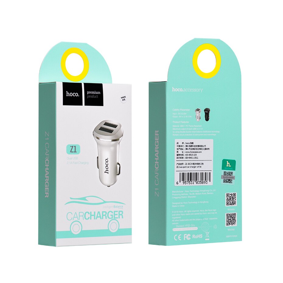 HOCO-cargador USB Dual para coche, adaptador de carga rápida de 5V 2.1A, 2 puertos, luz LED, cargador para iPhone XS MAX 8 7 plus, Samsung S9 S8