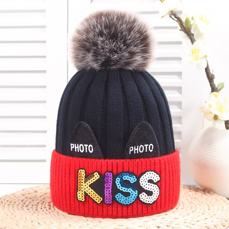 Søde børnehatte til efterår og vinter varme polstrede ordhatte kys kat stil hatte til drenge og piger babyhat: Rød sort