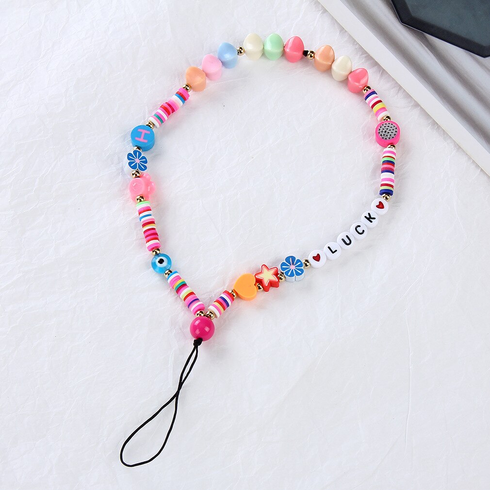 Beaded Phone Lanyard Wrist Strap Handmade Rainbow Polymer Clay Acrylic Beads Pearl Bracelet Keychain For Women