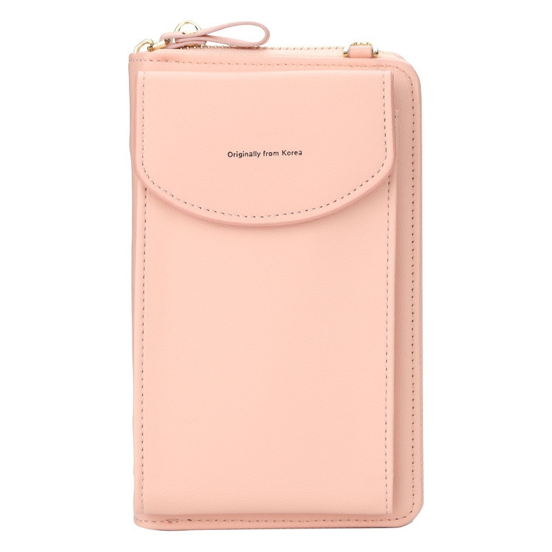 Meisjes leren clutch dames portemonnee portemonnee kaarthouder reis crossbody mobiele telefoon portemonnee pu rits munt portemonnee: Felroze