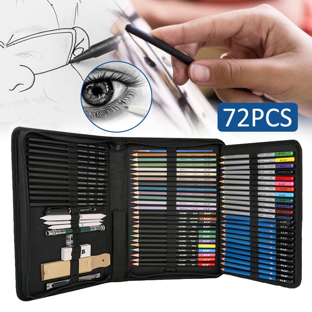 72PCS Drawing Pencils Set Sketch Colored Pencils Watercolor Metallic Oily Complete Beginner Kit Art Supplies