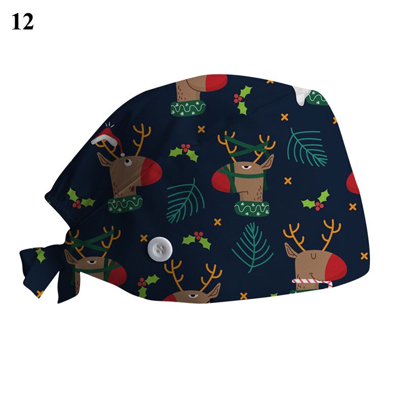 Kerstprint chirurgische muts voor dames heren verpleegstersmuts met knoop zweetabsorberende handdoek doktersmuts scrub muts gesp baotou muts: 12