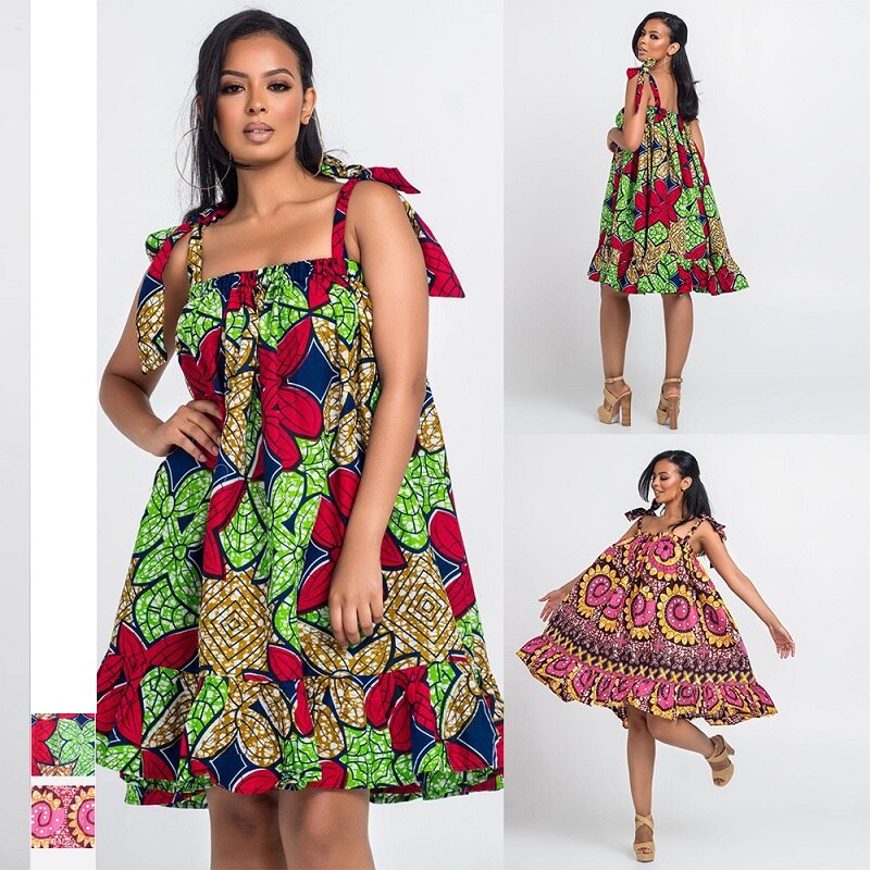 Plus Size African Dresses for Women Dashiki Bazin Ankara Slip Dress African Print Sleeveless Ruffle Midi Beach Dress