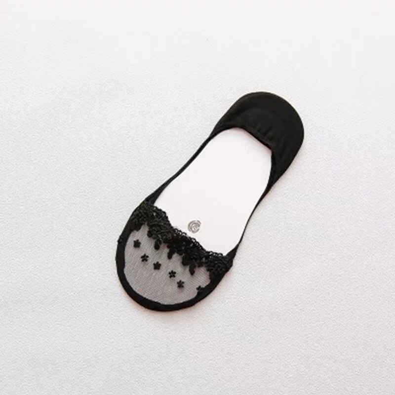 Calcetines invisibles antideslizantes con encaje para mujer, calcetín de corte bajo, bordado transparente: Black