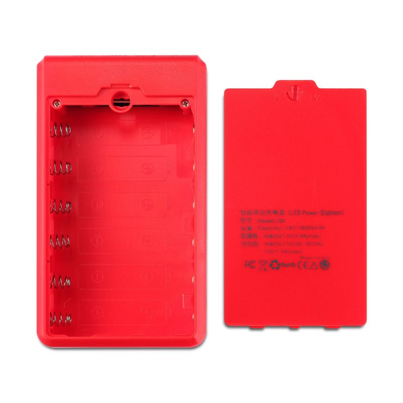 Scatola DIY Power Bank - Batteria 6x 18650 - Uscita USB 5V 2.1A - Ingresso Micro USB/Type-C - Plastica: Rosso