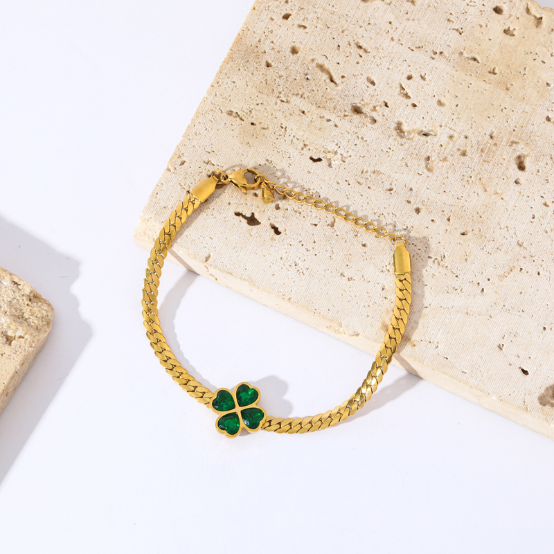 GANEMLY 316L Rvs Groene Kristal Klaver Armband Voor Vrouwen Mode Pols Ketting Waterdichte Sieraden Bijoux