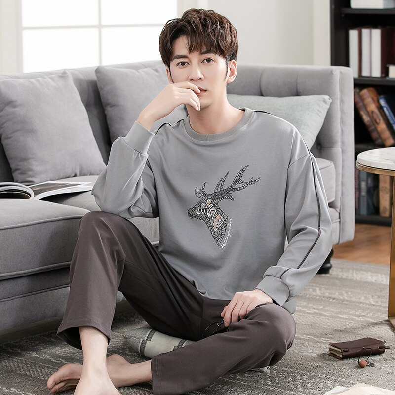 Pijamas de algodón 100% para Hombre, ropa de dormir de manga larga para invierno, M-4XL: L