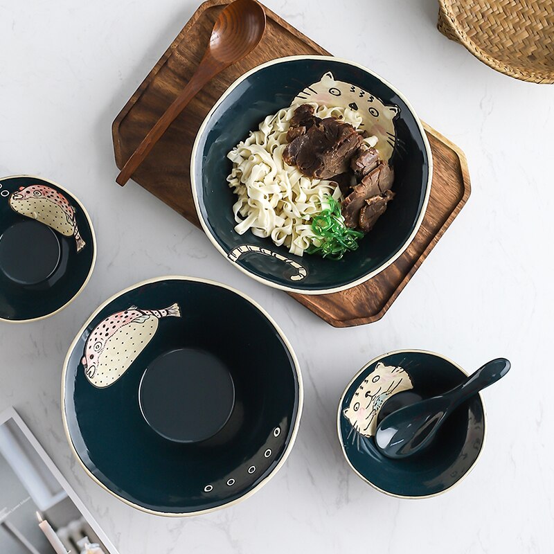 Japansk keramik handmålad katt globefish hushållssoppa nötkött lamian nudlar skål ramen retro sallad porslin tallrik porslin