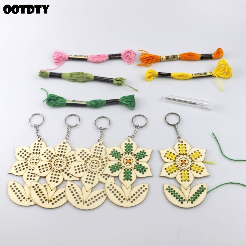 Llavero con bordado de girasol de punto de cruz de madera, anillo con hilo de lana, Kit DIY para manualidades, bolsa de ropa, decoración para niños y adultos