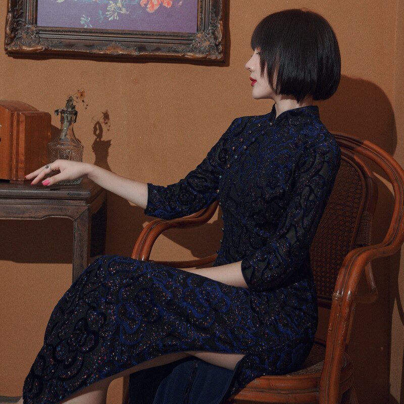 Oriental Long Dress Traditional Chinese Velvet Cheongsam Winter Qipao Dresses Cheongsams Velour Qi Pao
