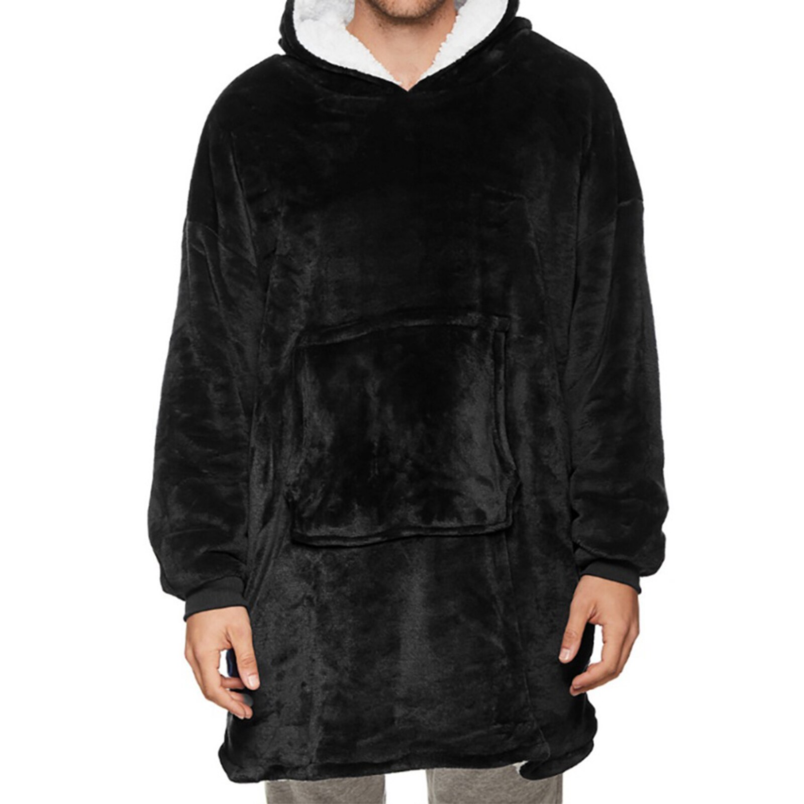 Winter Thermische Sweatshirt Lange Loungewear Super Zachte Hoodie Nachtkleding Wearable Fleece Deken Badjas Voor Vrouwen Mannen Junior: Black