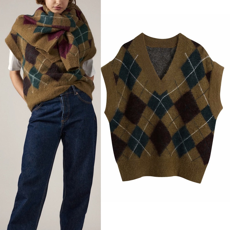 Argyle pull gilet femme sans manches surdimensionné doux pull tricoté femme chandails Chic automne femmes pull vêtements
