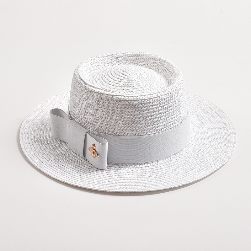 Sombreros de paja para mujer, sombrero de paja redondo con superficie irregular, Top plano con lazo, vestido, Gorra de viaje para playa, novedad de primavera y verano: Blanco