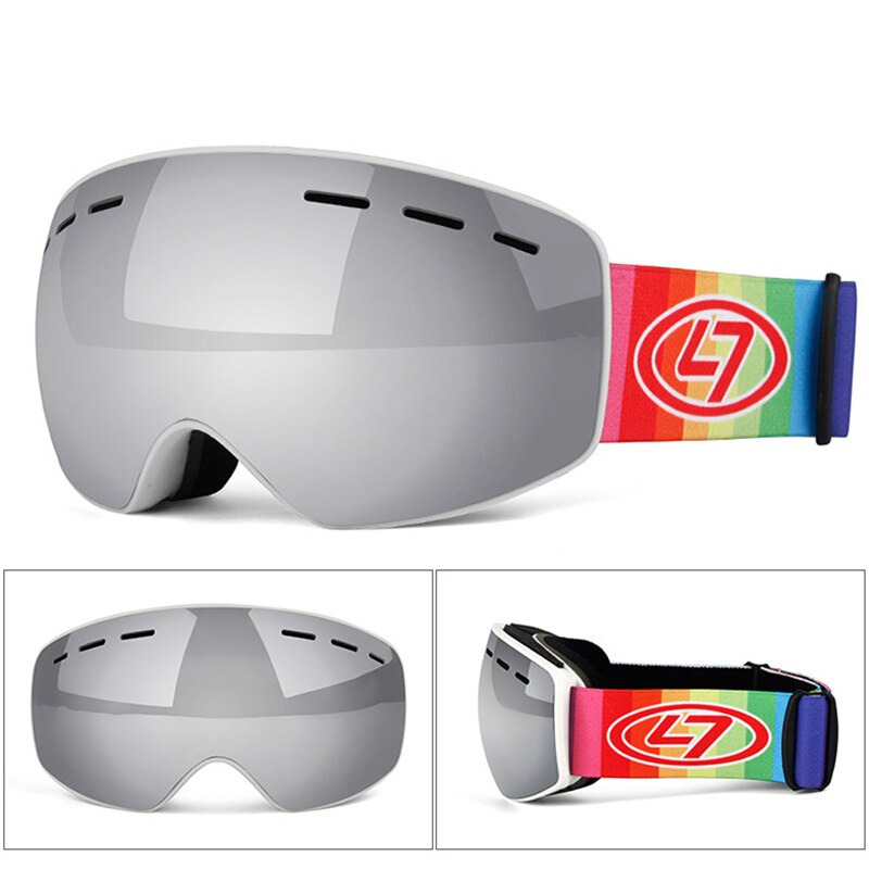 Inverno snowboard óculos de esqui para crianças dupla lente anti nevoeiro máscara à prova vento colorido banhado a grande quadro óculos de esqui crianças: Sliver White Frame