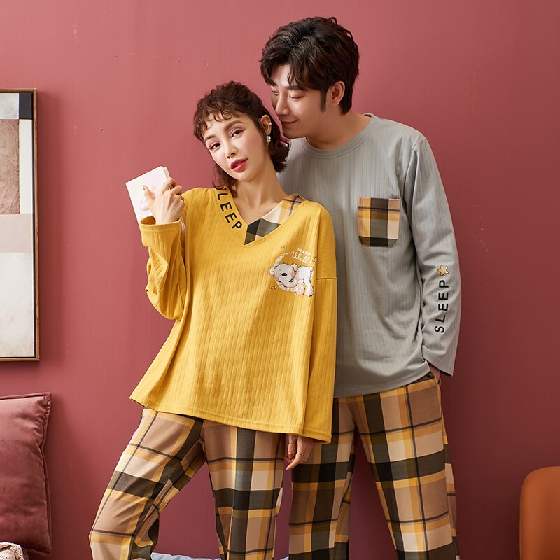 BZEL Couple Pajamas Set Simple Casual Pijama Men Cotton Sleepwear Long Sleeves Long Pants Homewear Comfort Pyjama For Lover