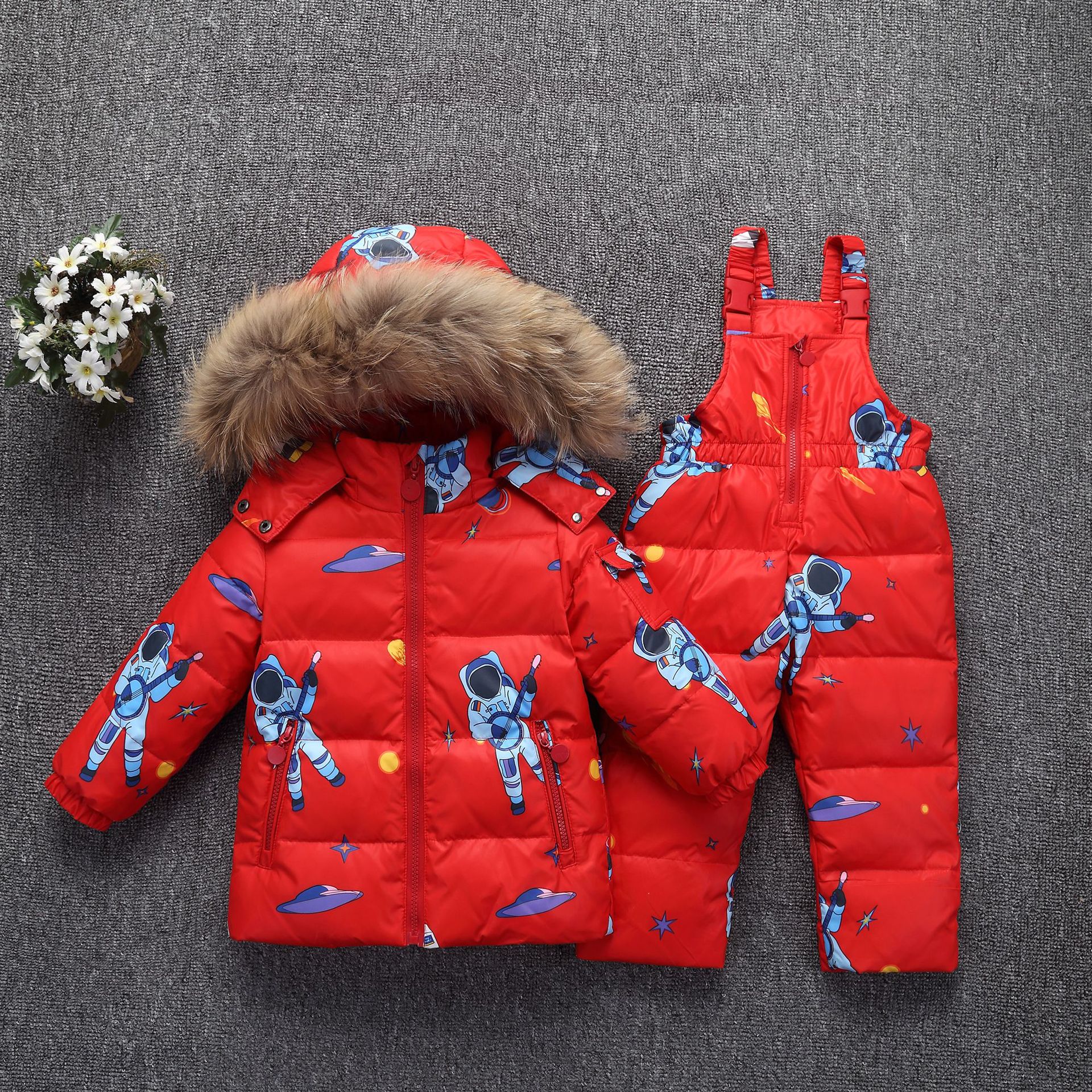 Conjunto de chaqueta de invierno para bebés niños niñas 2 uds. Pantalones de abrigo para bebés con capucha de piel grueso para esquiar la nieve ropa de abrigo