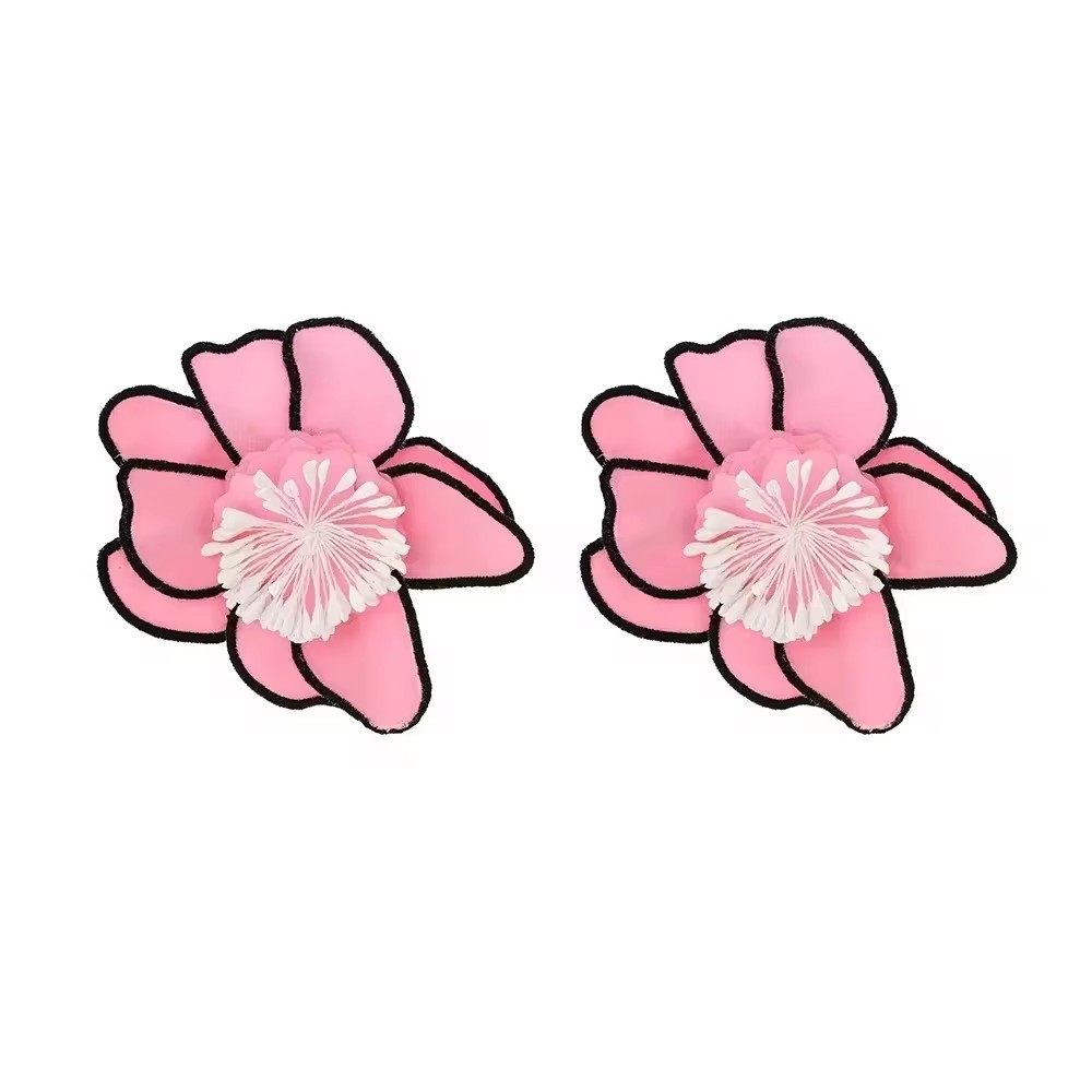 Vedawas boucles d'oreilles fleur, bohême Maxi tissu 3D fleur charme couche grand tissu fait à la main clou Floral femmes boucle d'oreille bijoux de mariage: Brun rougeâtre