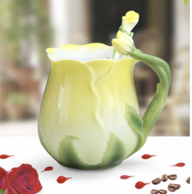 NOOLIM 3D Rose Coffee Cup Enamel Tea Cup Set With Spoon Saucer Cups Ceramic European Bone China Drinkware: Dark Khaki