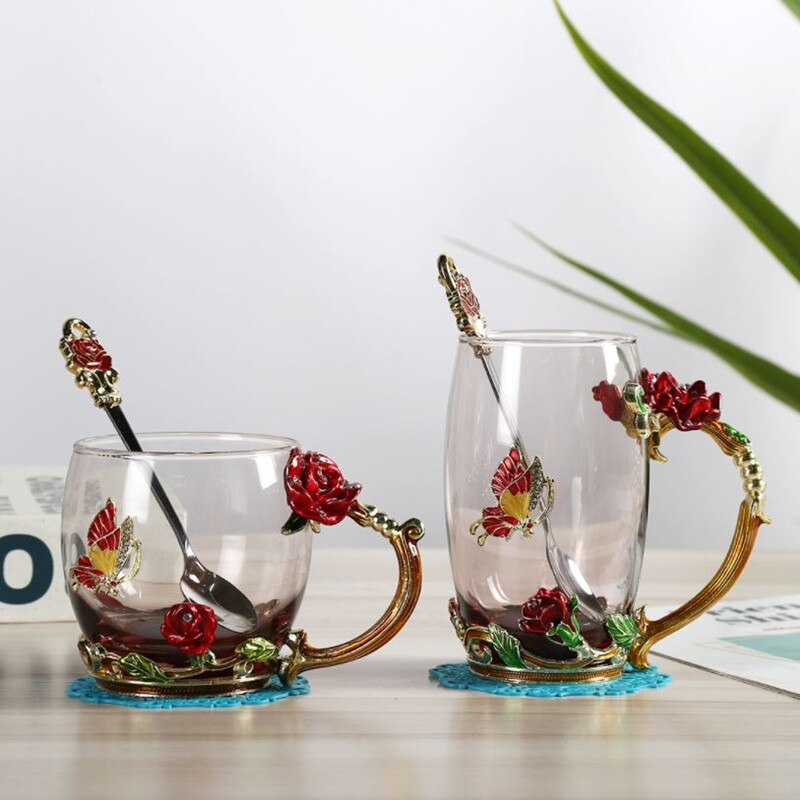 Enamel Glass Cup Tea Water Coffee Cup European Style Crystal Rose Flower Mug With Handle Lid Spoon Drinkware