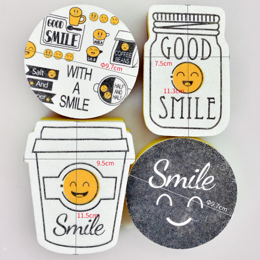4pcs Cartoon Smiley Face Thick Sponge Strong Decontamination Dish Washing Cloth Kitchen Cleaner Sponges Scouring Pads