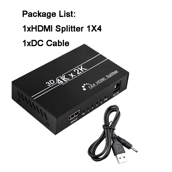 HD 4K HDMI Splitter 1X4 1X2Port 3D UHD 1080p 4K * 2K Video HDMI switch Switcher HDMI 1 Ingang 4 Uitgang HUB Repeater Versterker: HDMI 1X4 DC CABLE