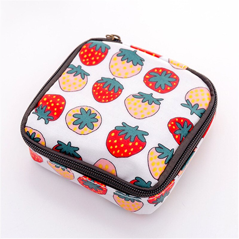 Moda feminina pequenos sacos cosméticos viagem mini guardanapos sanitários compõem moeda cartão de dinheiro batom bolsa de armazenamento sacos: Strawberry