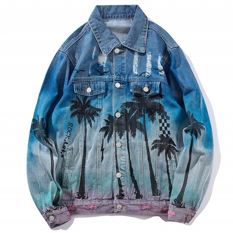 Mode Losse Denim Jas Vintage Bomberjack Ripped Holes Zee Strand Kokospalm Mannen Hip Hop Jeans Jacket Streetwear Coat: XL